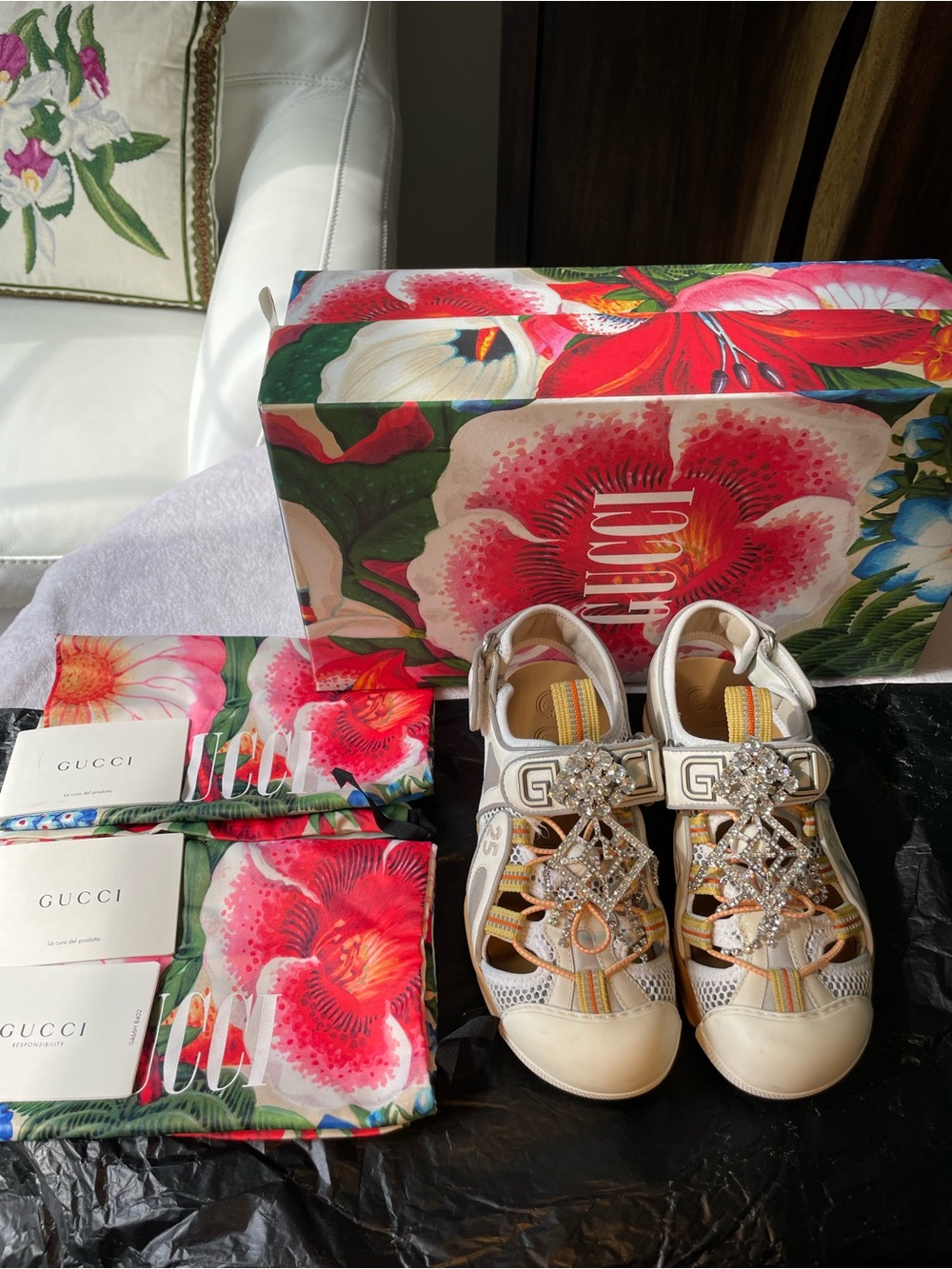 Gucci White Leather Sneaker with Yellow and Orange Strap